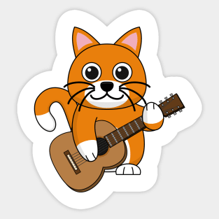 Cute Orange White Cat Playing Guitar Cartoon Sticker